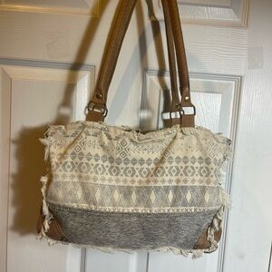 Myra bag Boho Cotton gray & cream Fringed Tote Bag - leather tan straps.